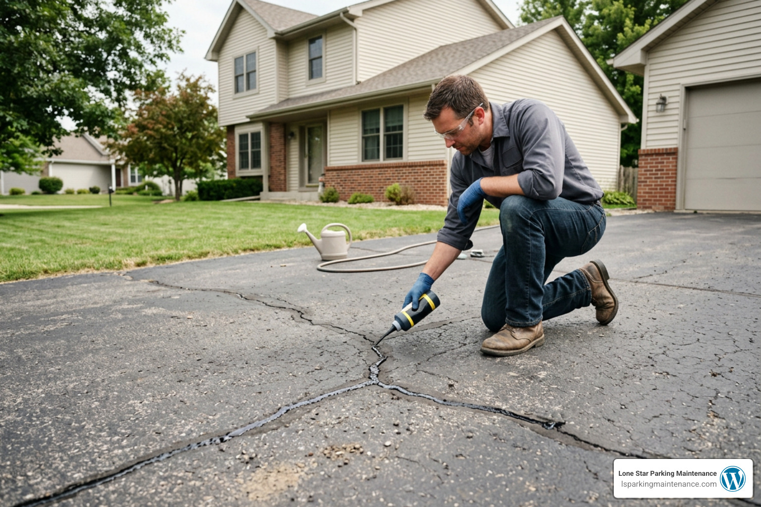Applying blacktop crack filler to a driveway Applying blacktop crack filler to a driveway
