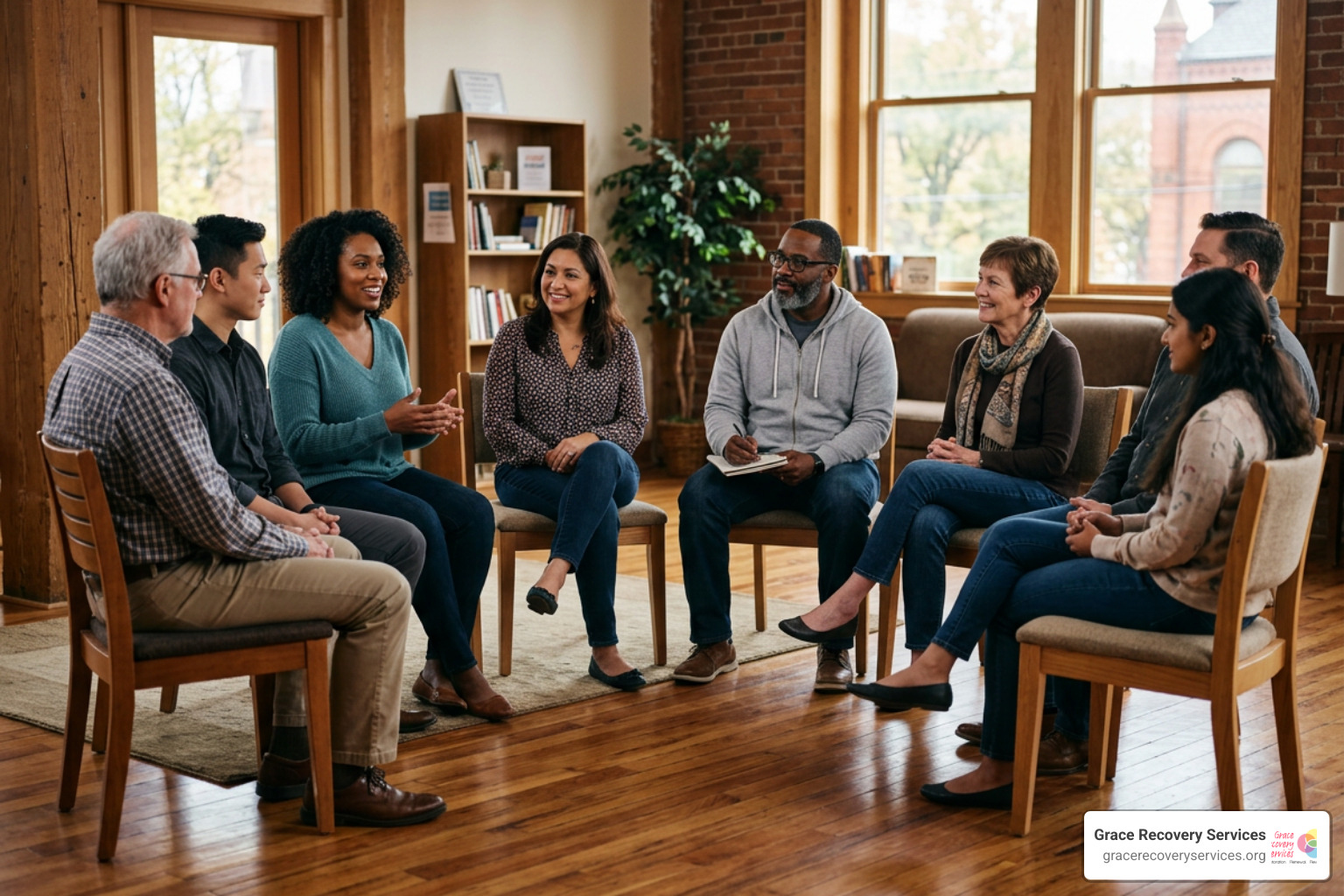 A supportive recovery group circle in a warm, welcoming Pittsburgh community center