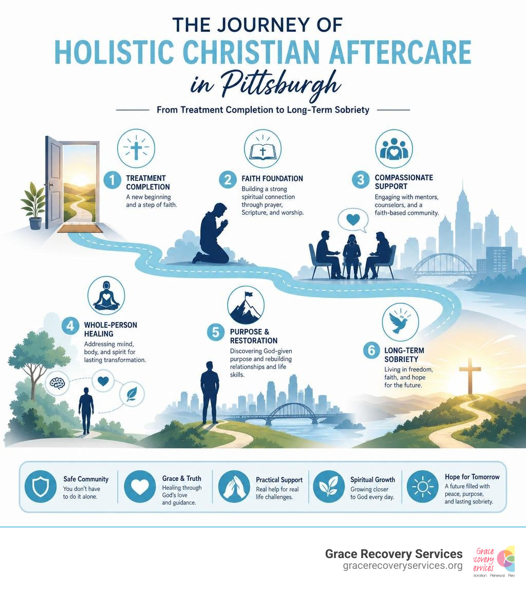Infographic showing the journey of holistic Christian aftercare in Pittsburgh from treatment completion to long-term