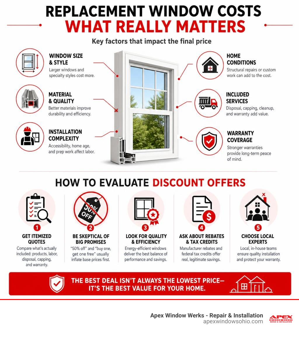 Infographic showing key factors affecting replacement window costs and how to evaluate discount offers infographic Infographic showing key factors affecting replacement window costs and how to evaluate discount offers infographic