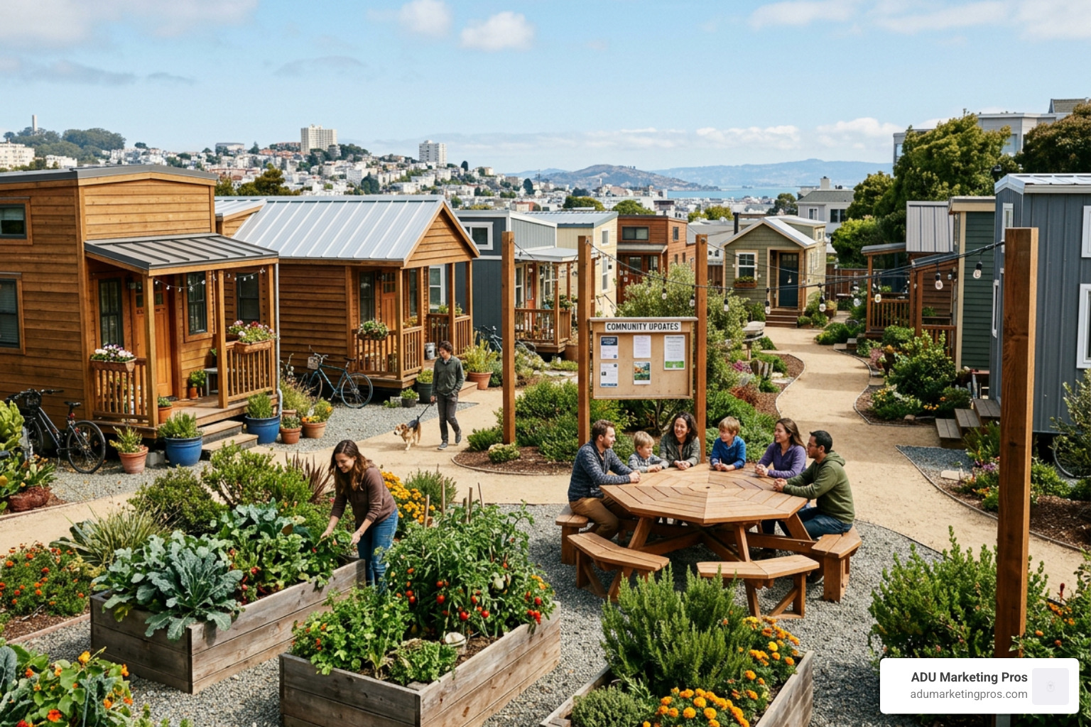 A tiny home village community space with shared outdoor seating and garden beds