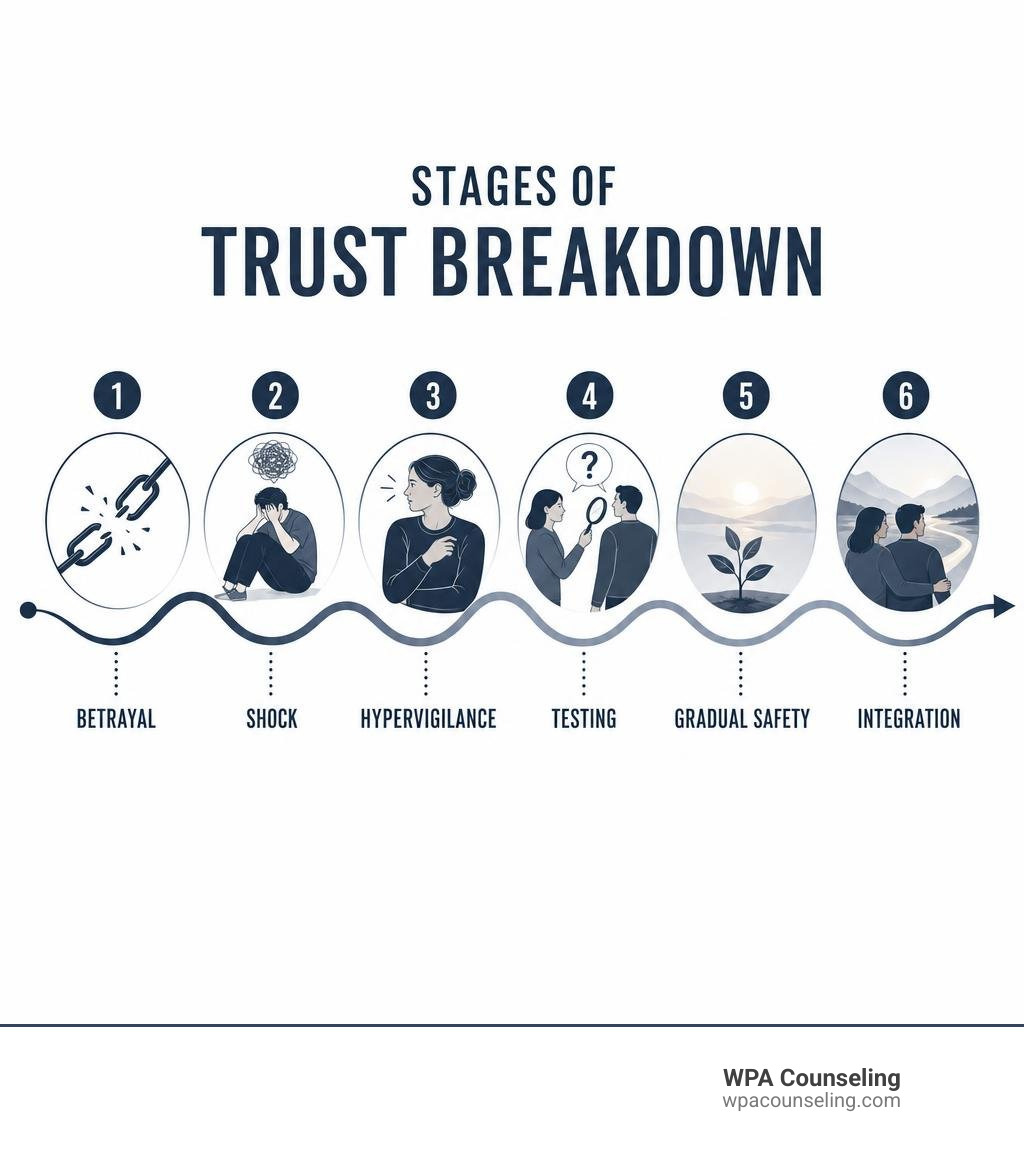 Stages of trust breakdown: betrayal, shock, hypervigilance, testing, gradual safety, integration infographic Stages of trust breakdown: betrayal, shock, hypervigilance, testing, gradual safety, integration infographic