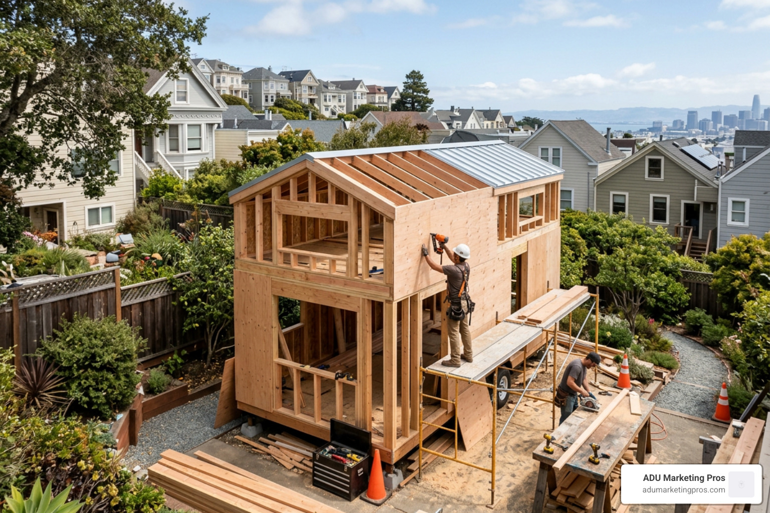 A modern tiny home under construction in a San Francisco backyard