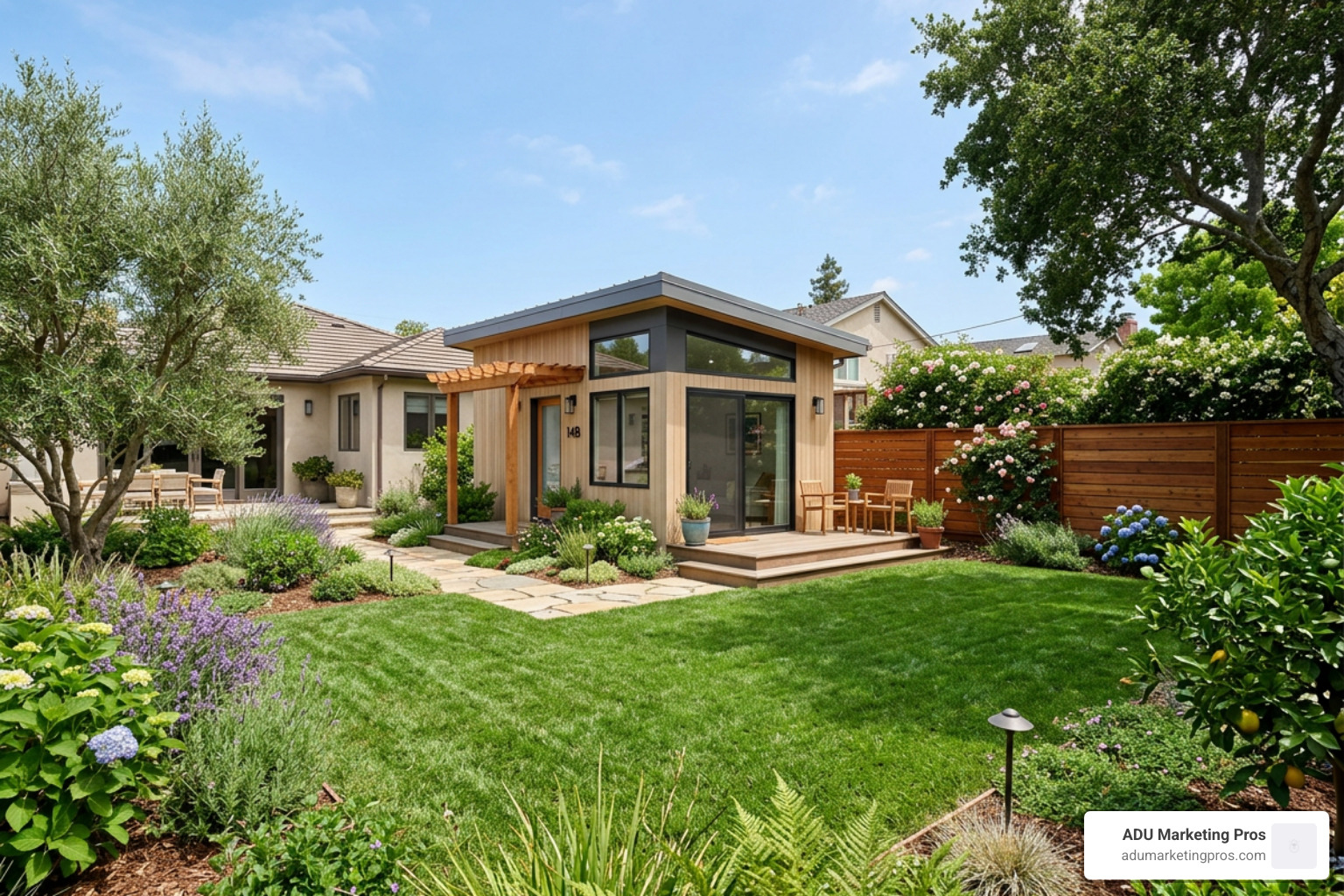 Modern backyard ADU showing property setbacks and lush landscaping