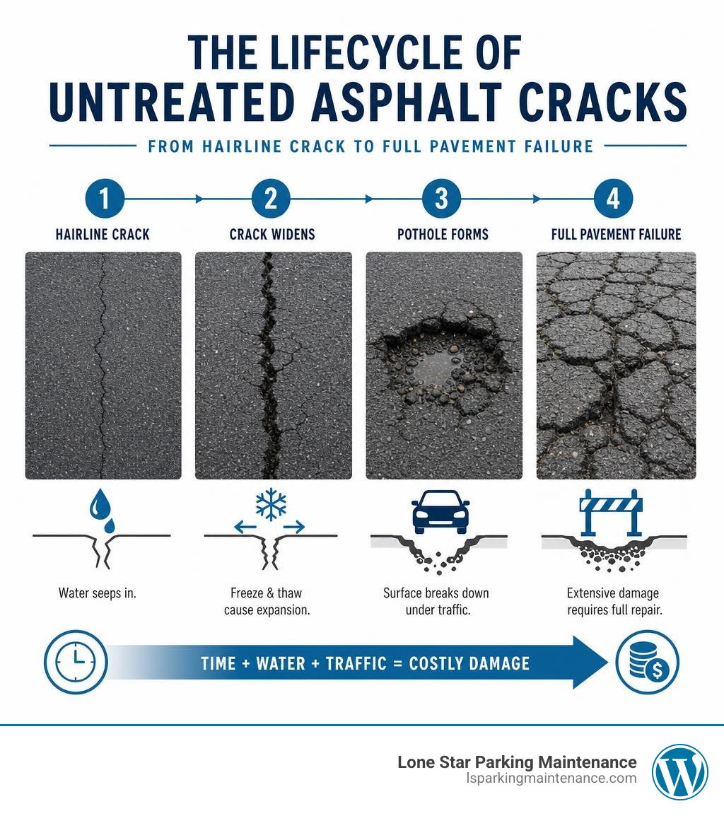 Lifecycle of untreated asphalt cracks from hairline crack to pothole to full pavement failure infographic Lifecycle of untreated asphalt cracks from hairline crack to pothole to full pavement failure infographic