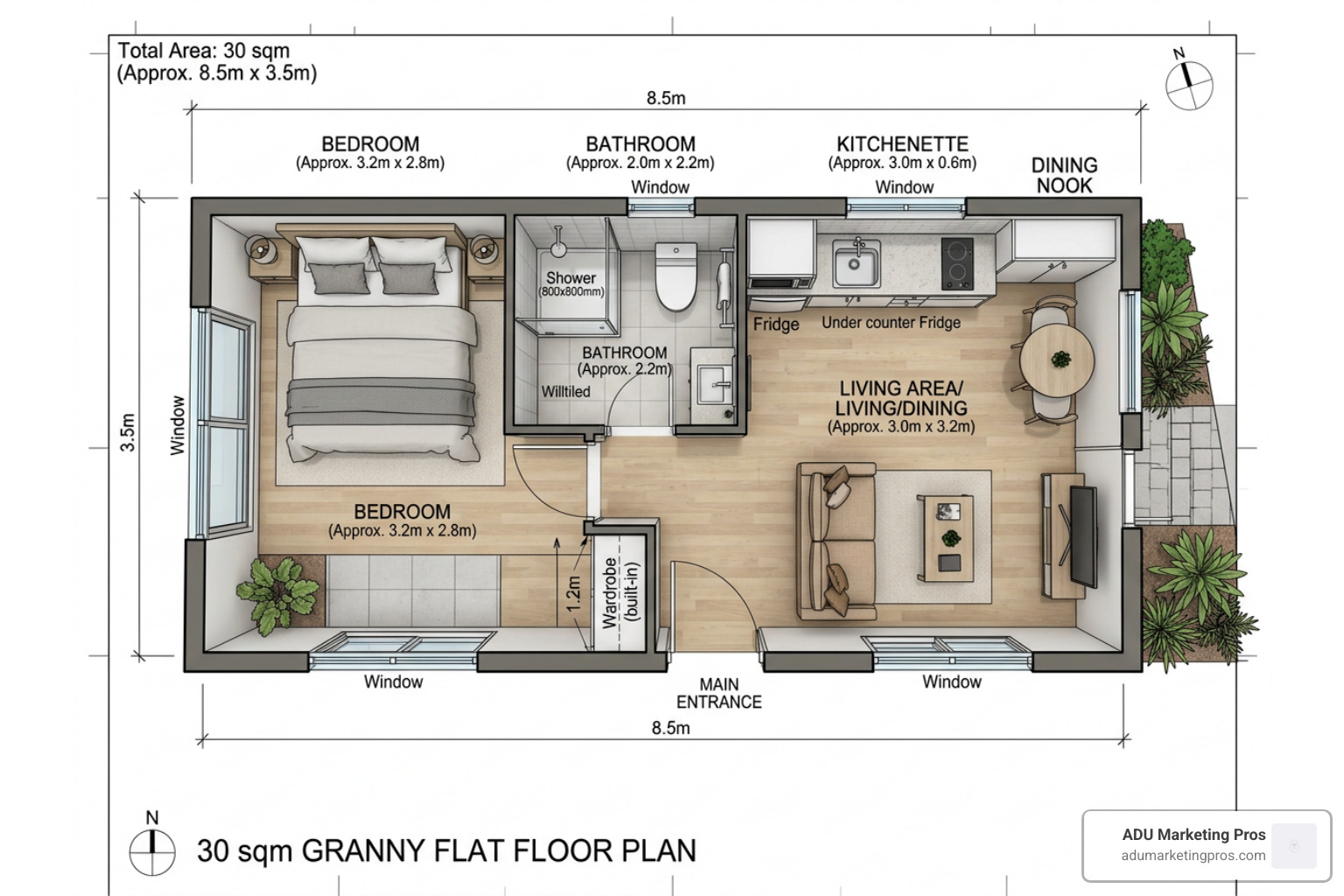 30 sqm floor plan with smart zoning, separate bedroom, compact bathroom, and linear kitchenette