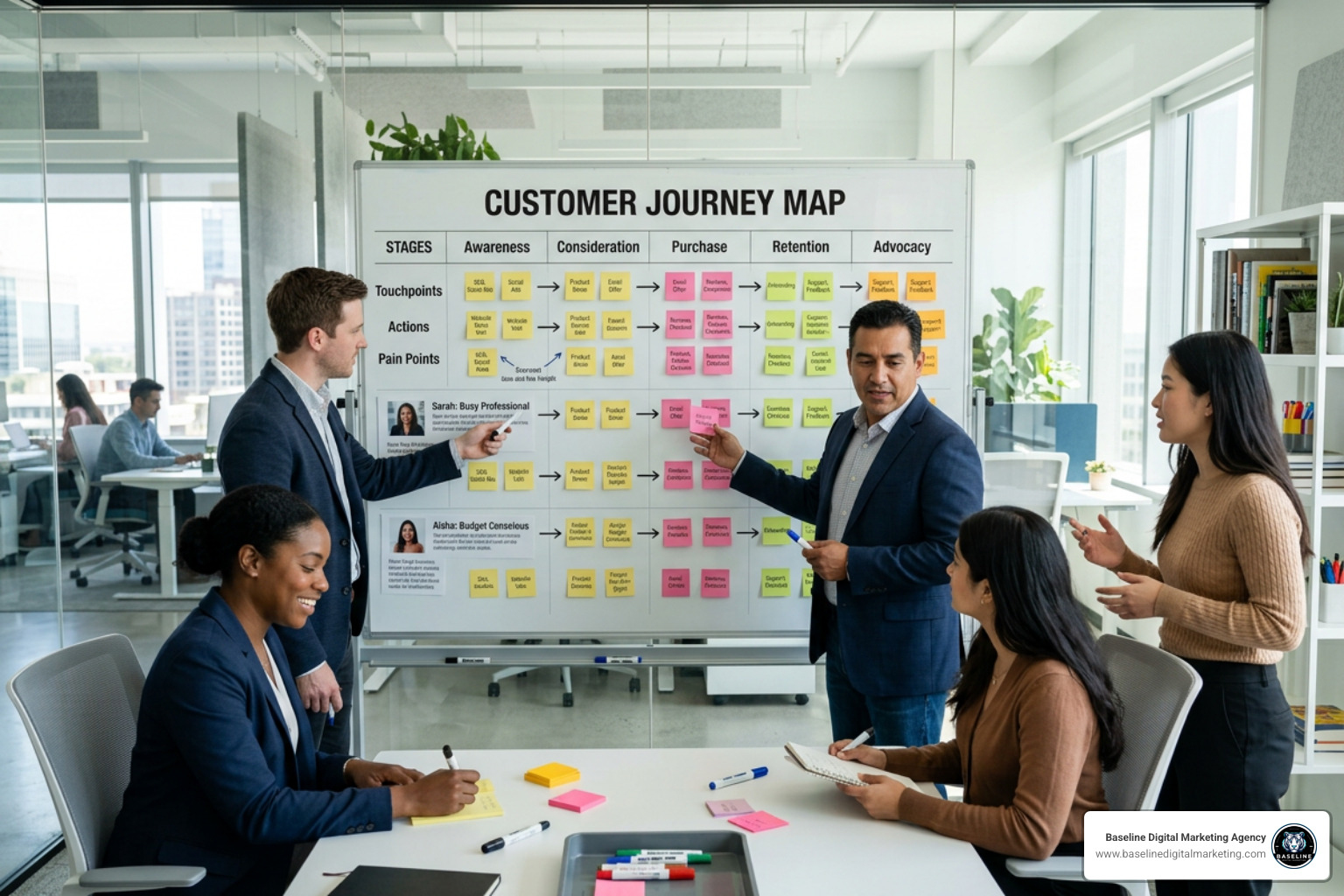 Marketing team mapping out a persona-based customer journey on a collaborative whiteboard Marketing team mapping out a persona-based customer journey on a collaborative whiteboard