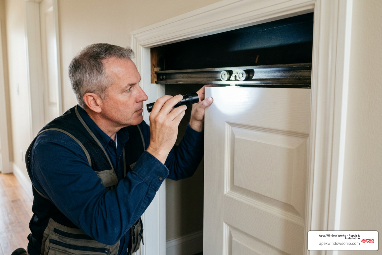 inspecting pocket door rollers with a flashlight