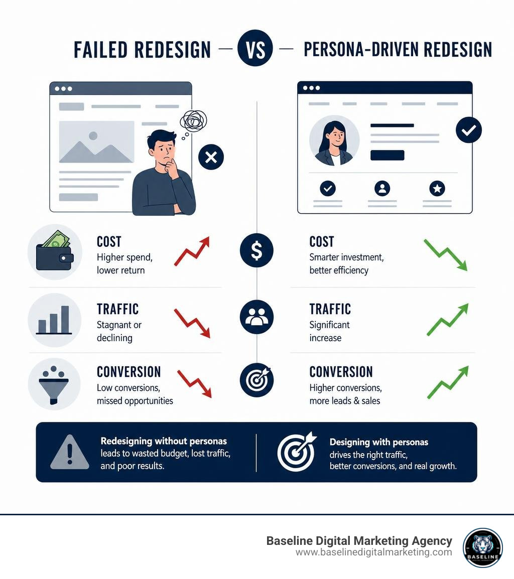 Infographic: Failed redesign vs persona-driven redesign — cost, traffic, and conversion outcomes compared infographic Infographic: Failed redesign vs persona-driven redesign — cost, traffic, and conversion outcomes compared infographic