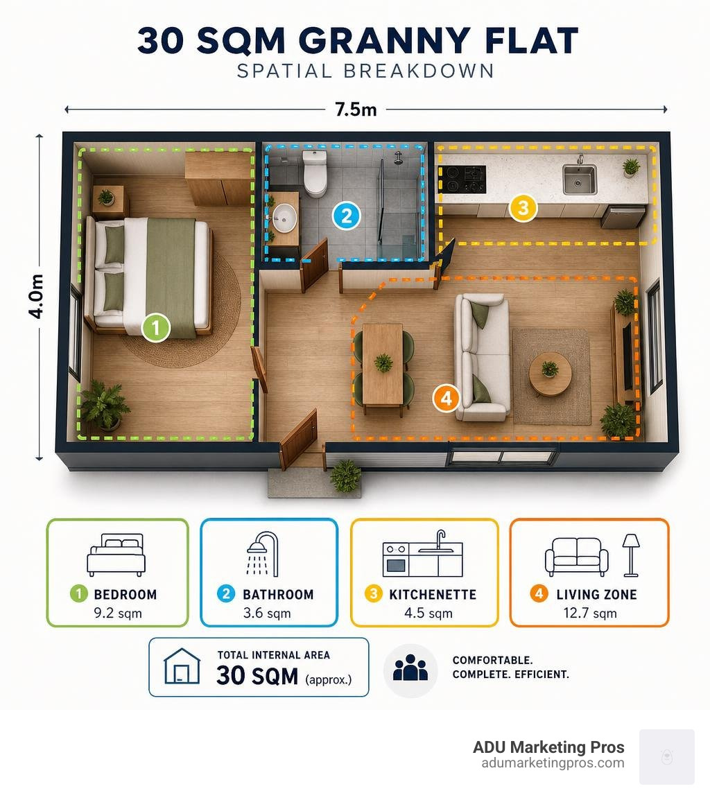 Spatial breakdown infographic of a 30 sqm granny flat layout showing bedroom, bathroom, kitchenette, and living zones