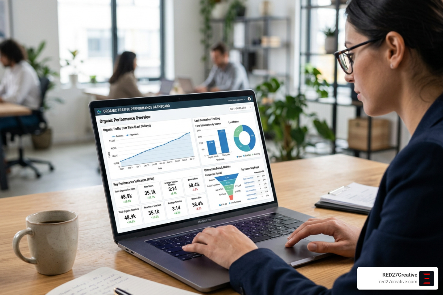 Professional SEO dashboard displaying transparent lead tracking and organic traffic metrics Professional SEO dashboard displaying transparent lead tracking and organic traffic metrics