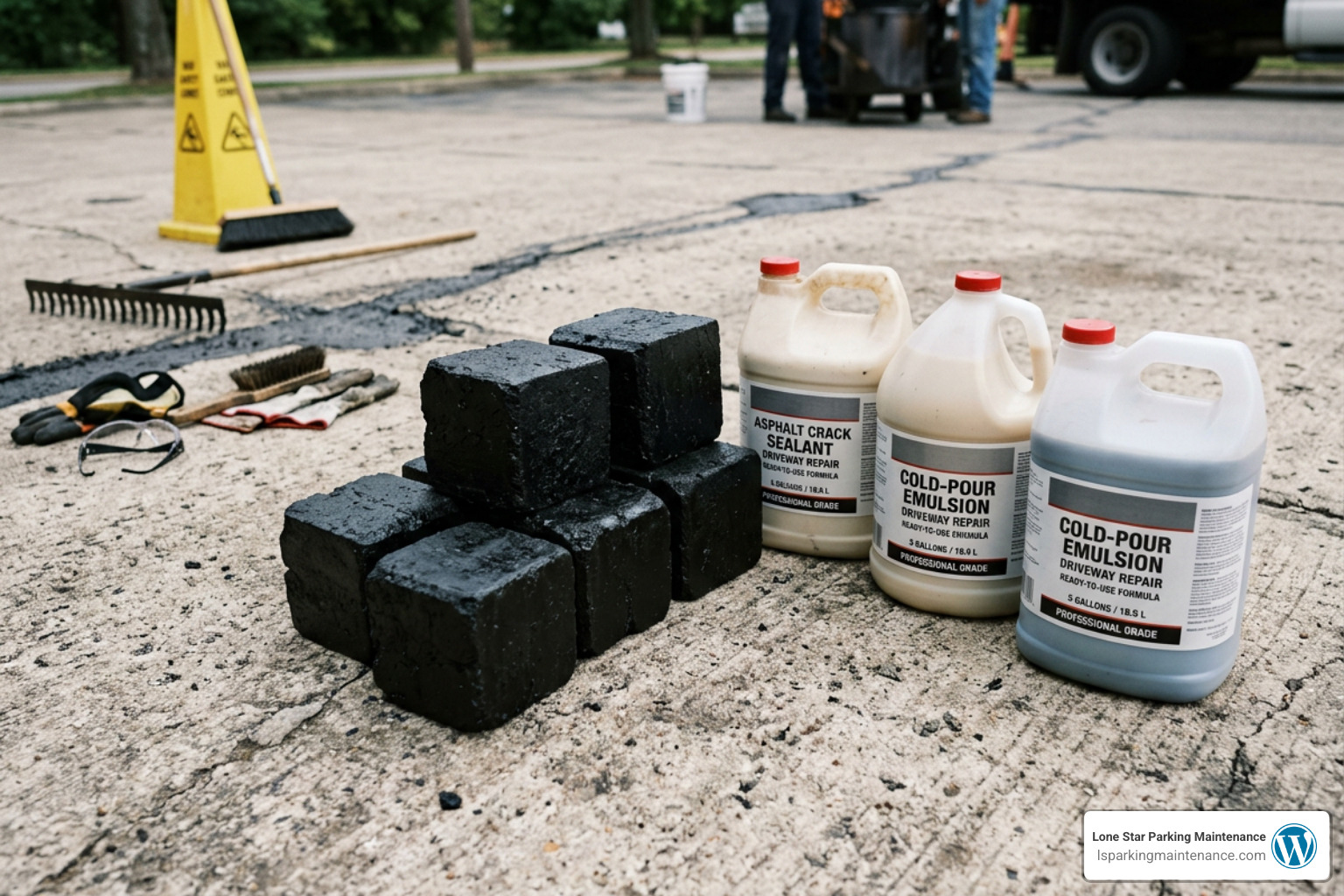 A selection of crack repair materials including hot-applied rubberized blocks and cold-pour emulsion jugs A selection of crack repair materials including hot-applied rubberized blocks and cold-pour emulsion jugs