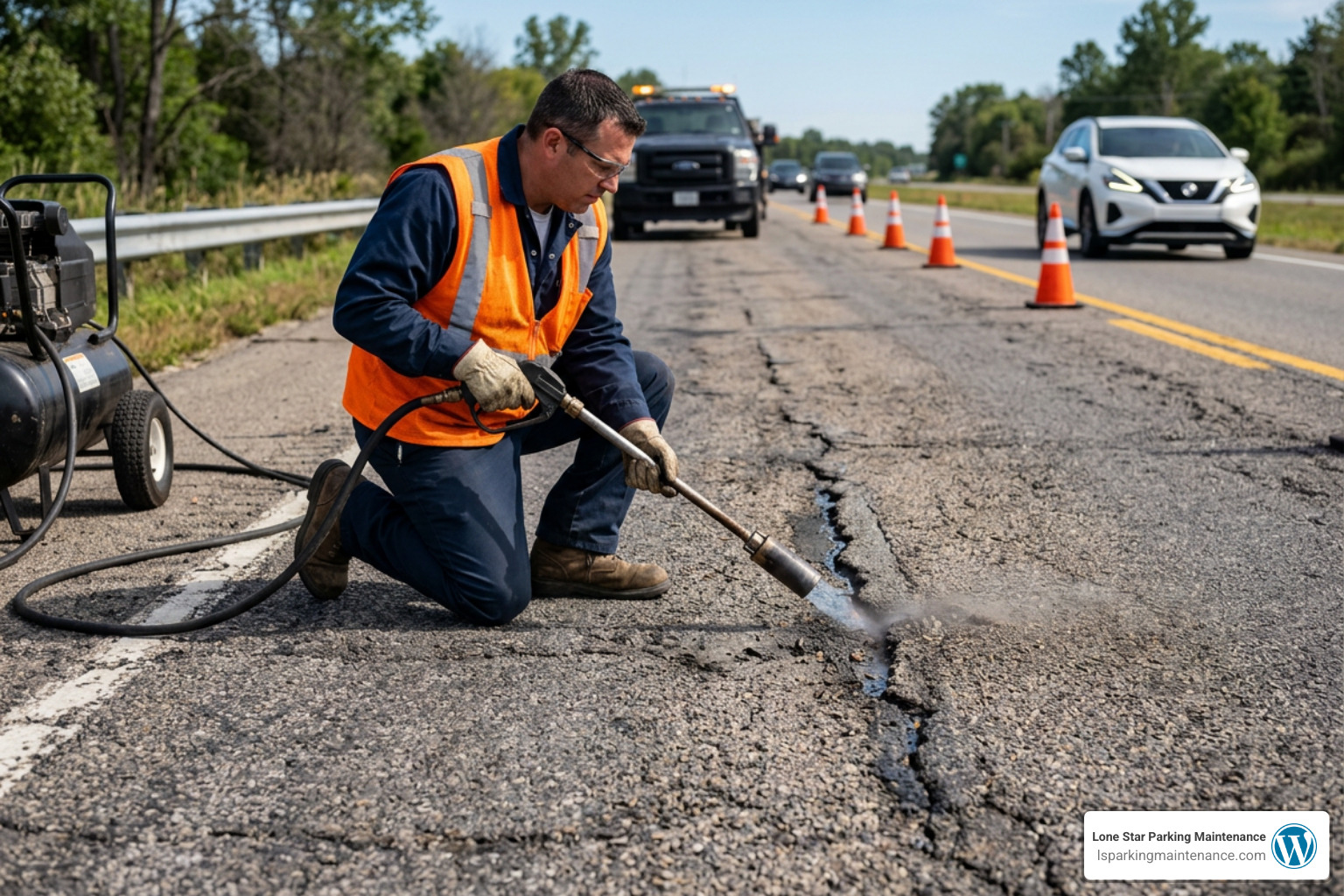 A technician using a hot air lance to clean and dry a pavement crack before applying sealant A technician using a hot air lance to clean and dry a pavement crack before applying sealant