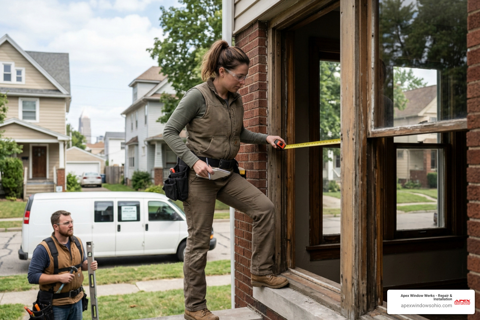 Professional window installer measuring a frame for custom installation in Cleveland Professional window installer measuring a frame for custom installation in Cleveland