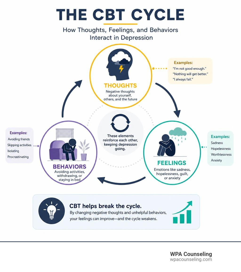 Infographic: The CBT cycle showing how thoughts, feelings, and behaviors interact in depression infographic Infographic: The CBT cycle showing how thoughts, feelings, and behaviors interact in depression infographic