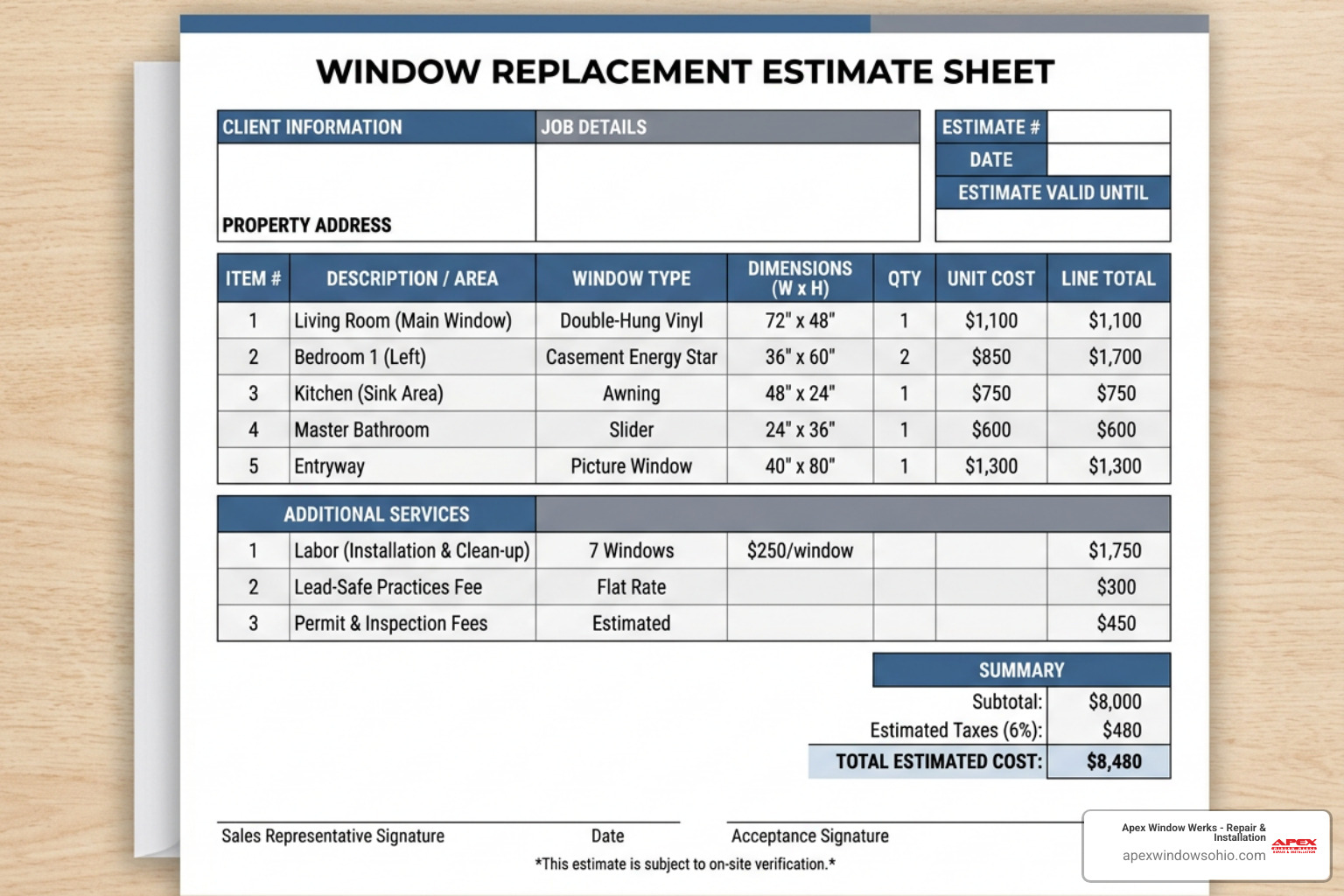 Detailed window replacement estimate sheet showing itemized breakdown Detailed window replacement estimate sheet showing itemized breakdown