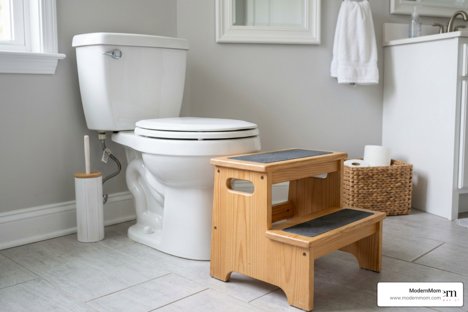 A step stool with non-slip grips positioned next to a standard home toilet A step stool with non-slip grips positioned next to a standard home toilet