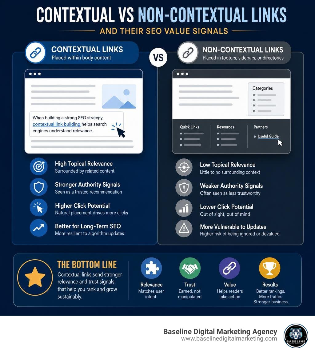 Infographic comparing contextual vs non-contextual links and their SEO value signals infographic Infographic comparing contextual vs non-contextual links and their SEO value signals infographic