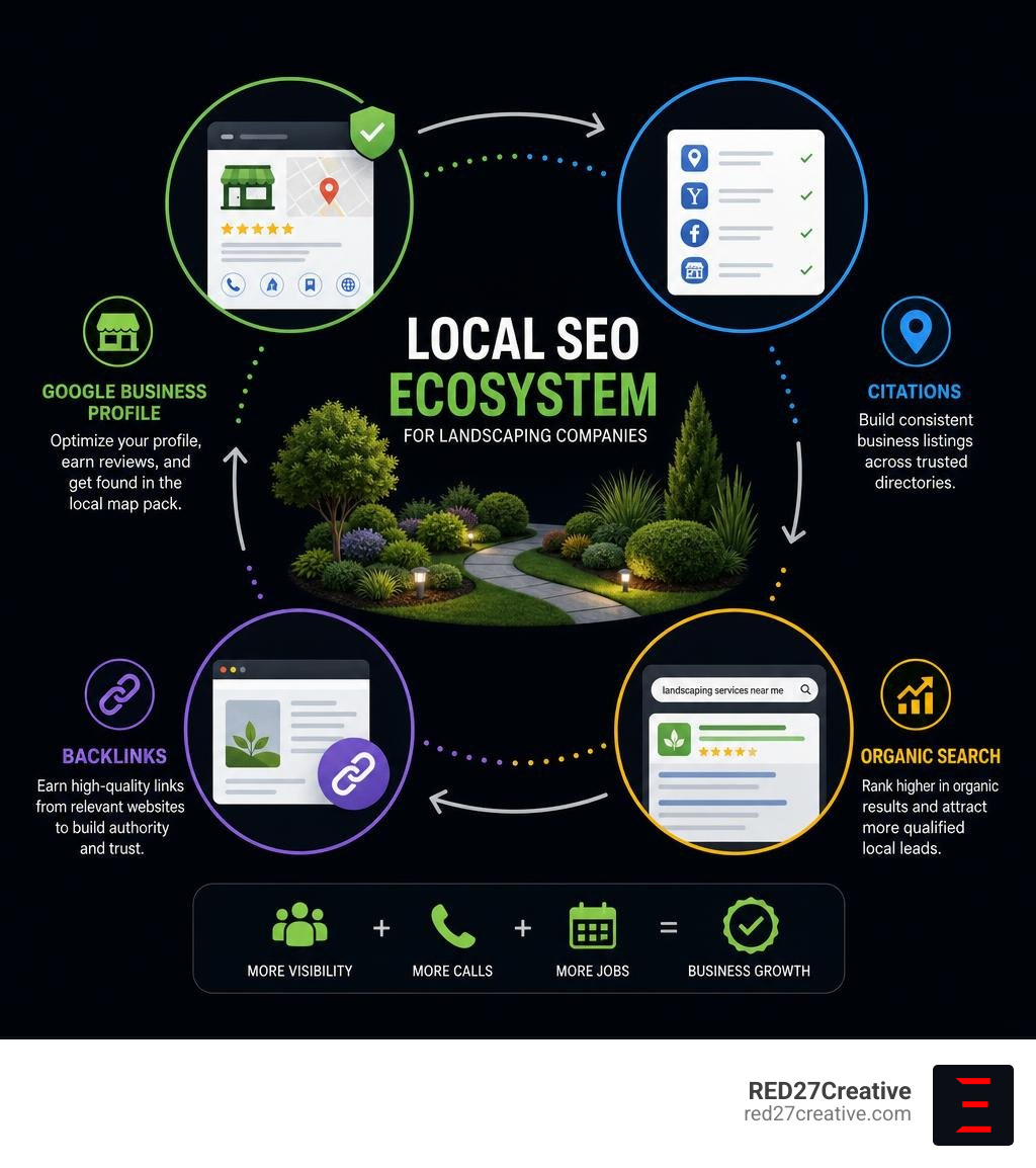 Local SEO ecosystem for landscaping companies showing Google Business Profile, citations, backlinks, and organic search Local SEO ecosystem for landscaping companies showing Google Business Profile, citations, backlinks, and organic search