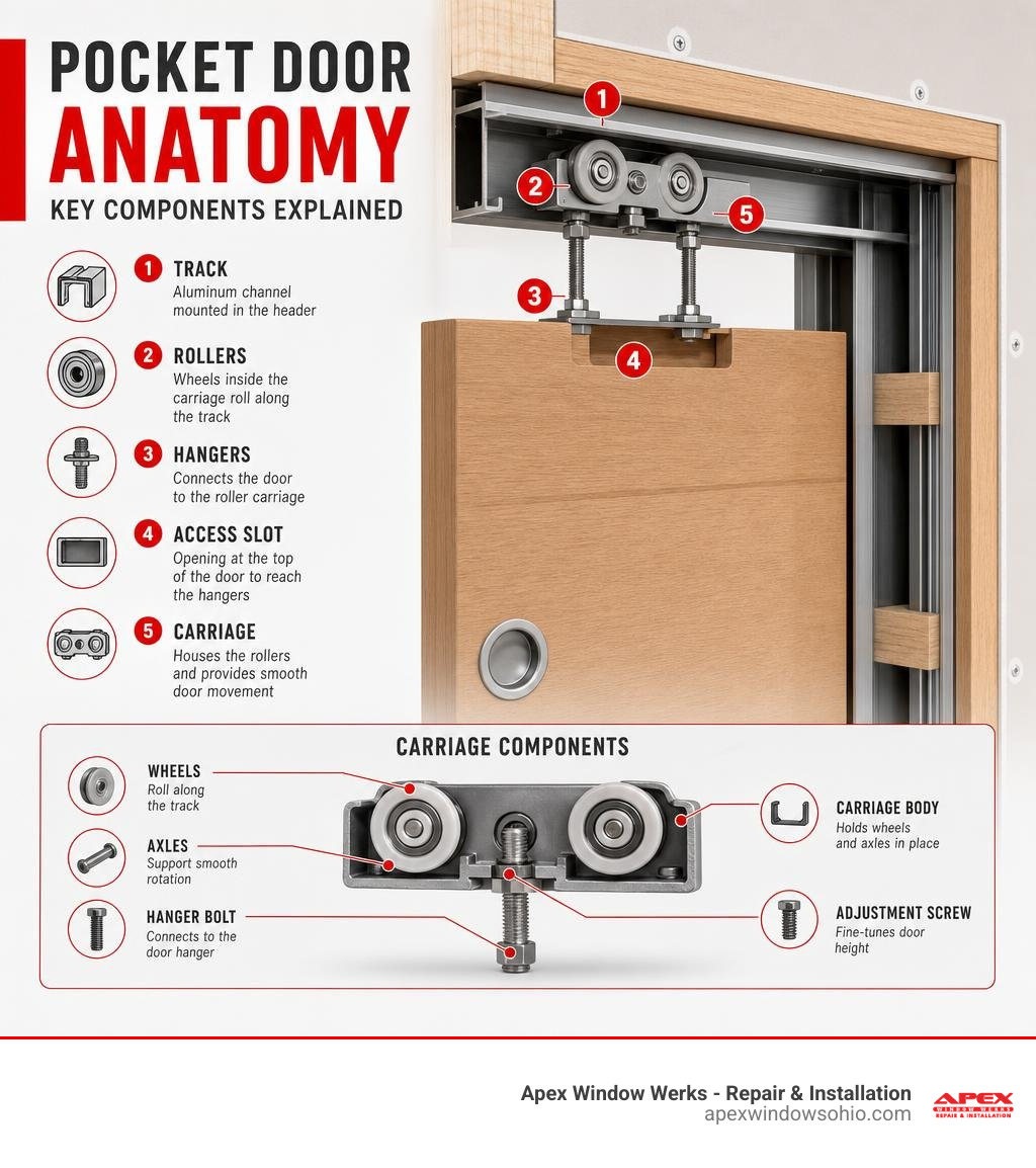 Pocket door anatomy diagram showing track, rollers, hangers, access slot, and carriage components infographic
