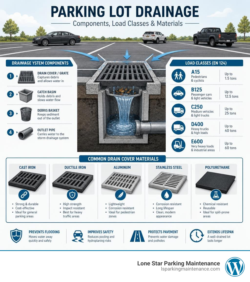Infographic showing parking lot drainage system components, load classes, and material types infographic