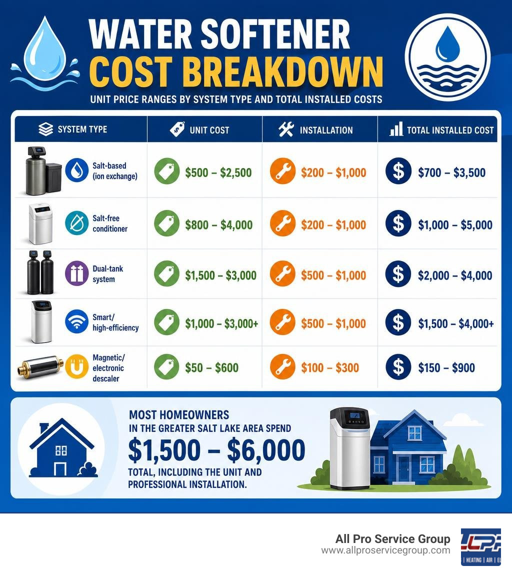 Water softener cost breakdown infographic showing unit price ranges by system type and total installed costs infographic