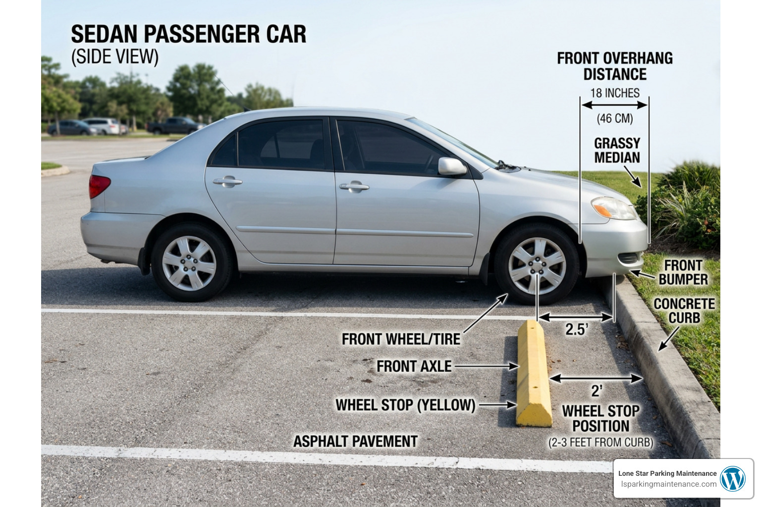 Diagram of standard vehicle front overhang and wheel stop setback distance from curb Diagram of standard vehicle front overhang and wheel stop setback distance from curb