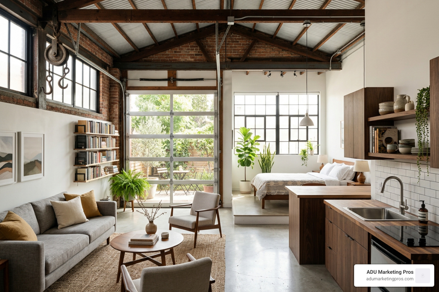 open-concept garage apartment layout studio loft