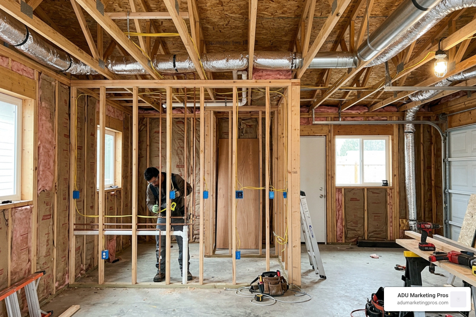 garage conversion under construction showing plumbing electrical HVAC