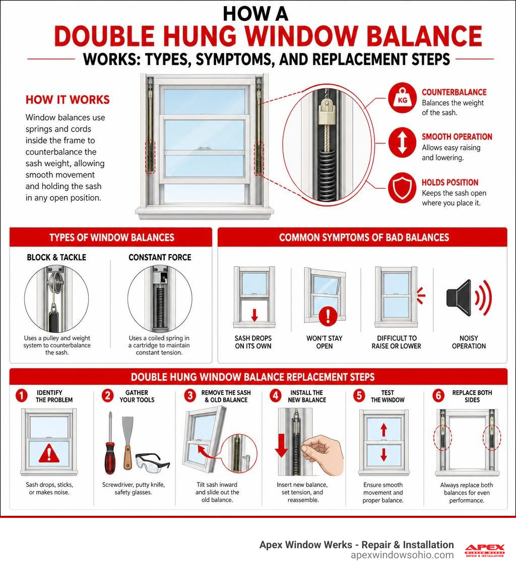 How a double hung window balance works: types, symptoms, and replacement steps infographic
