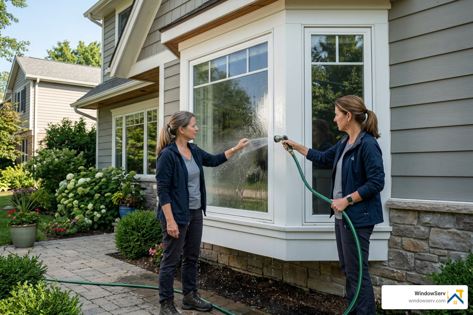 homeowner performing a controlled hose test on a bay window