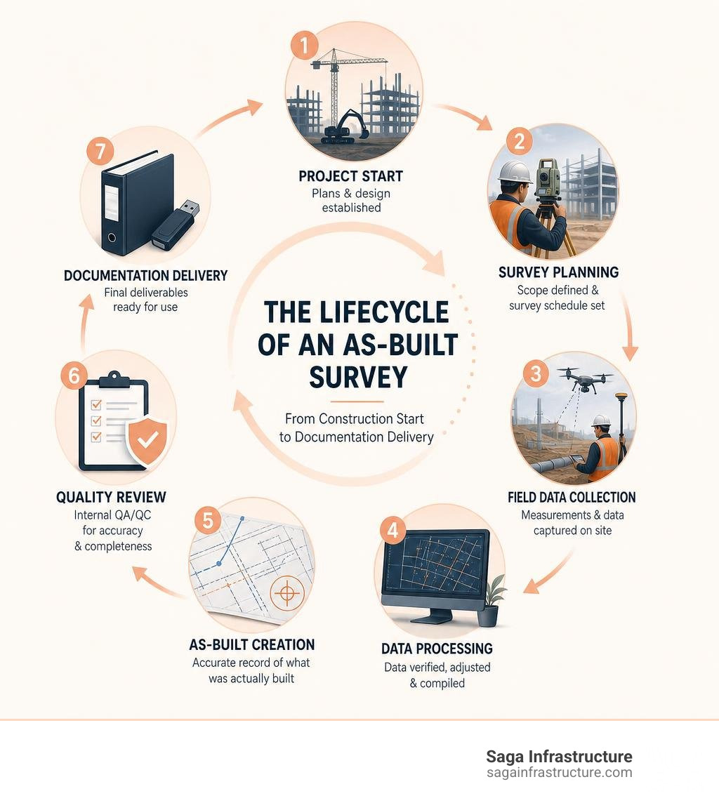 Lifecycle of an as-built survey from construction start to documentation delivery infographic