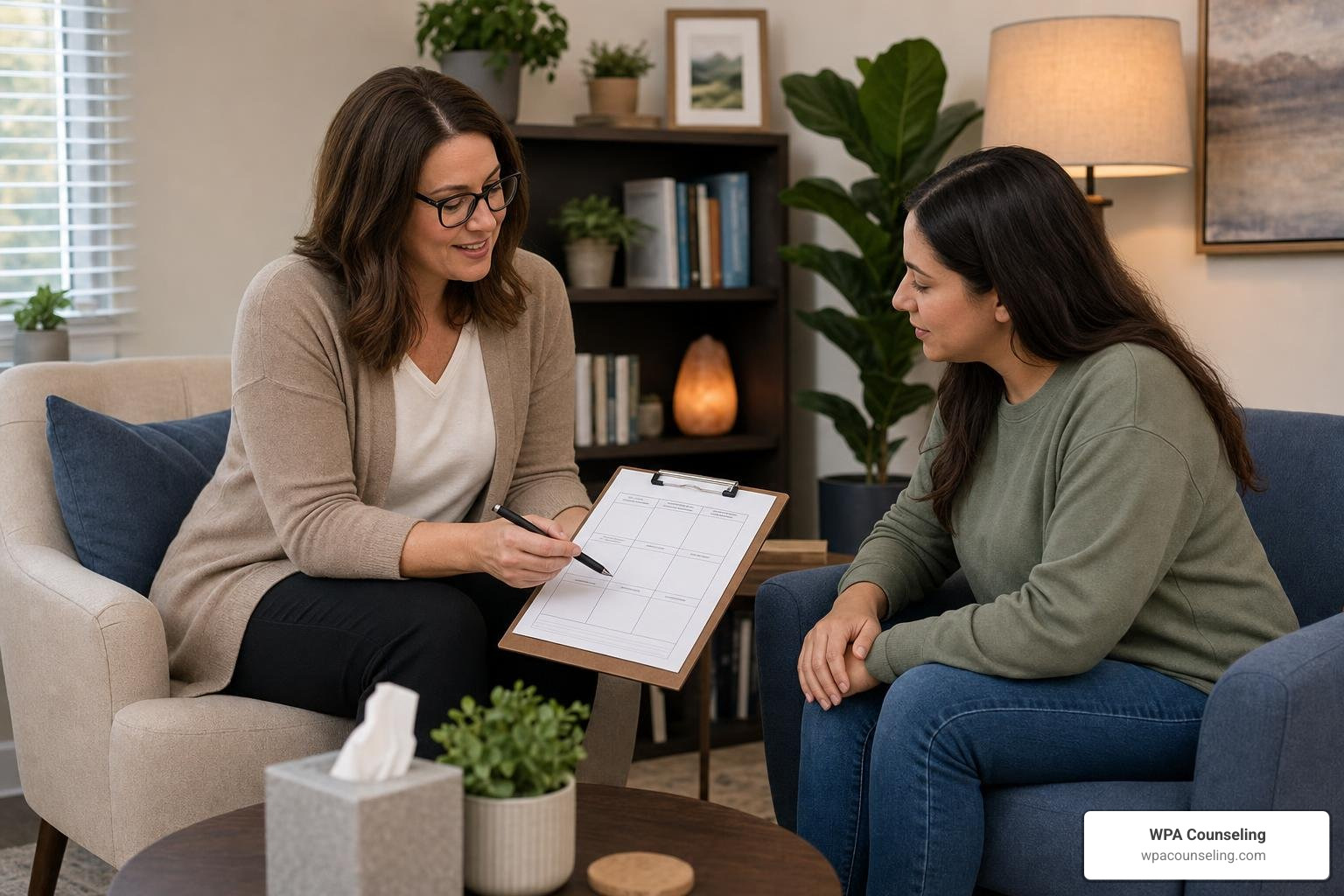 Therapist and client collaborating on a CBT worksheet in a cozy office Therapist and client collaborating on a CBT worksheet in a cozy office