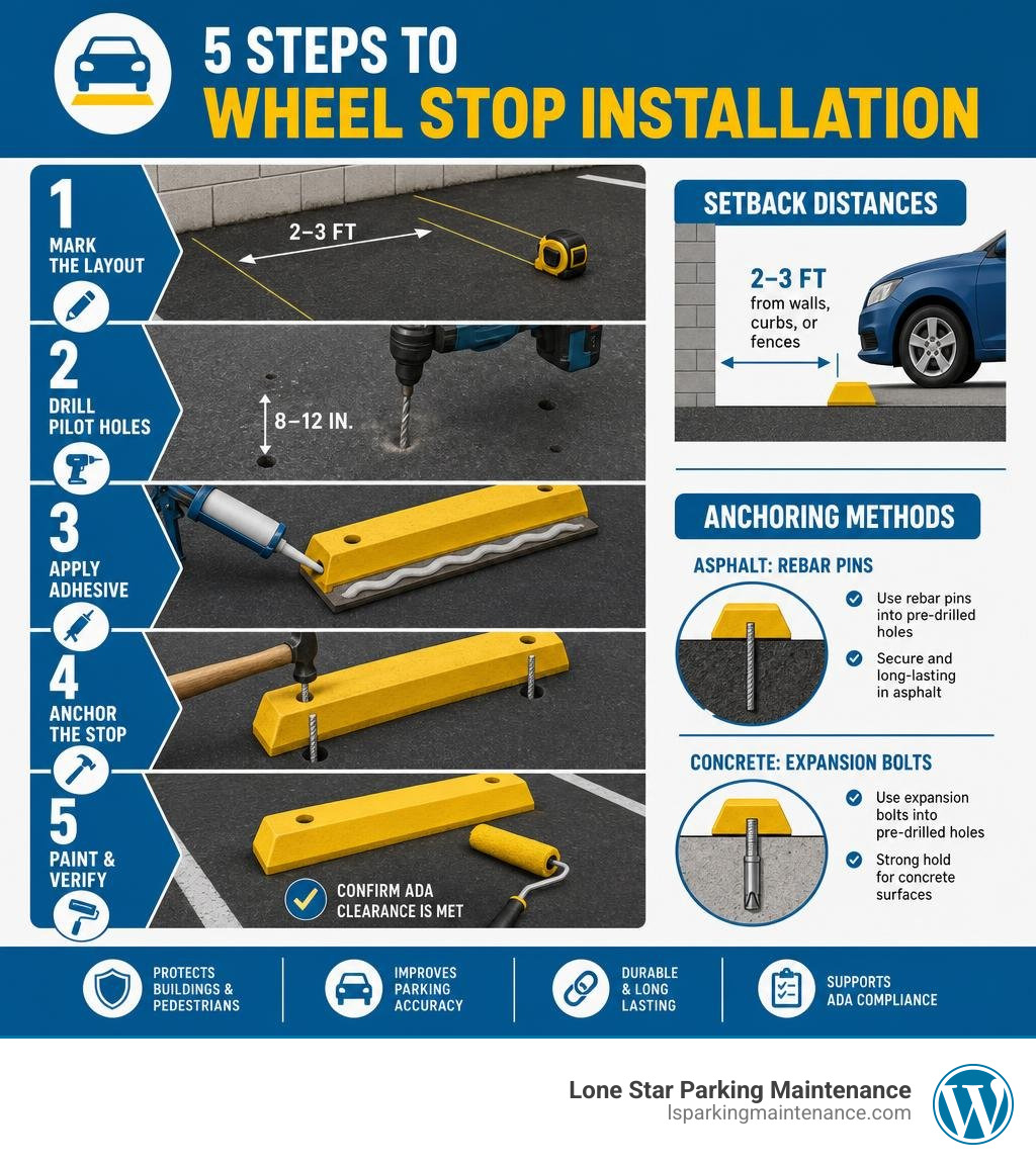 Infographic showing 5 steps of wheel stop installation with setback distances and anchoring methods infographic Infographic showing 5 steps of wheel stop installation with setback distances and anchoring methods infographic