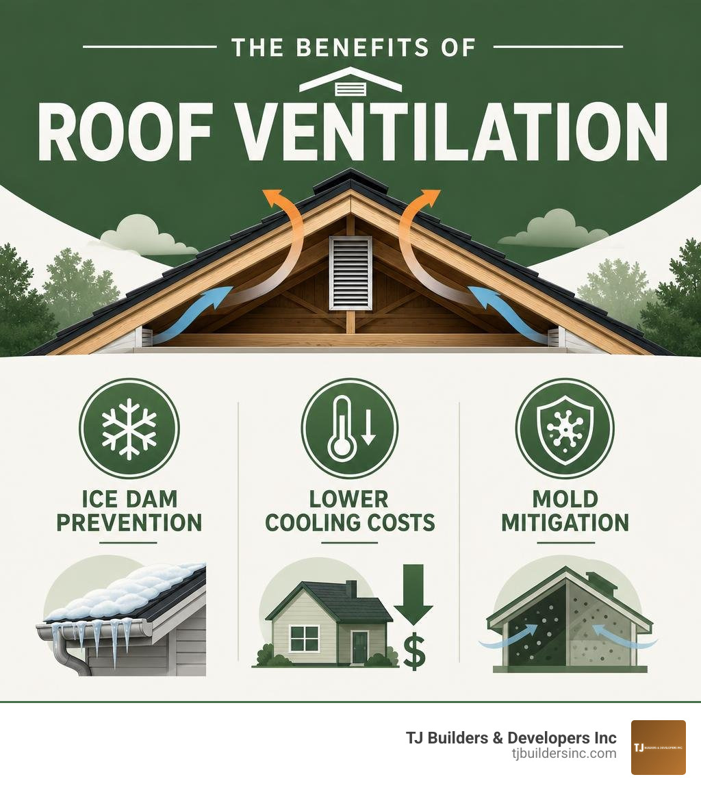 Infographic displaying the main benefits of roof ventilation: ice dam prevention, lower cooling costs, and mold mitigation