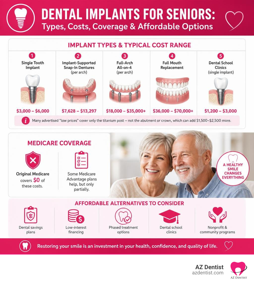 Infographic showing dental implant types, cost ranges, Medicare coverage, and affordable alternatives for seniors infographic