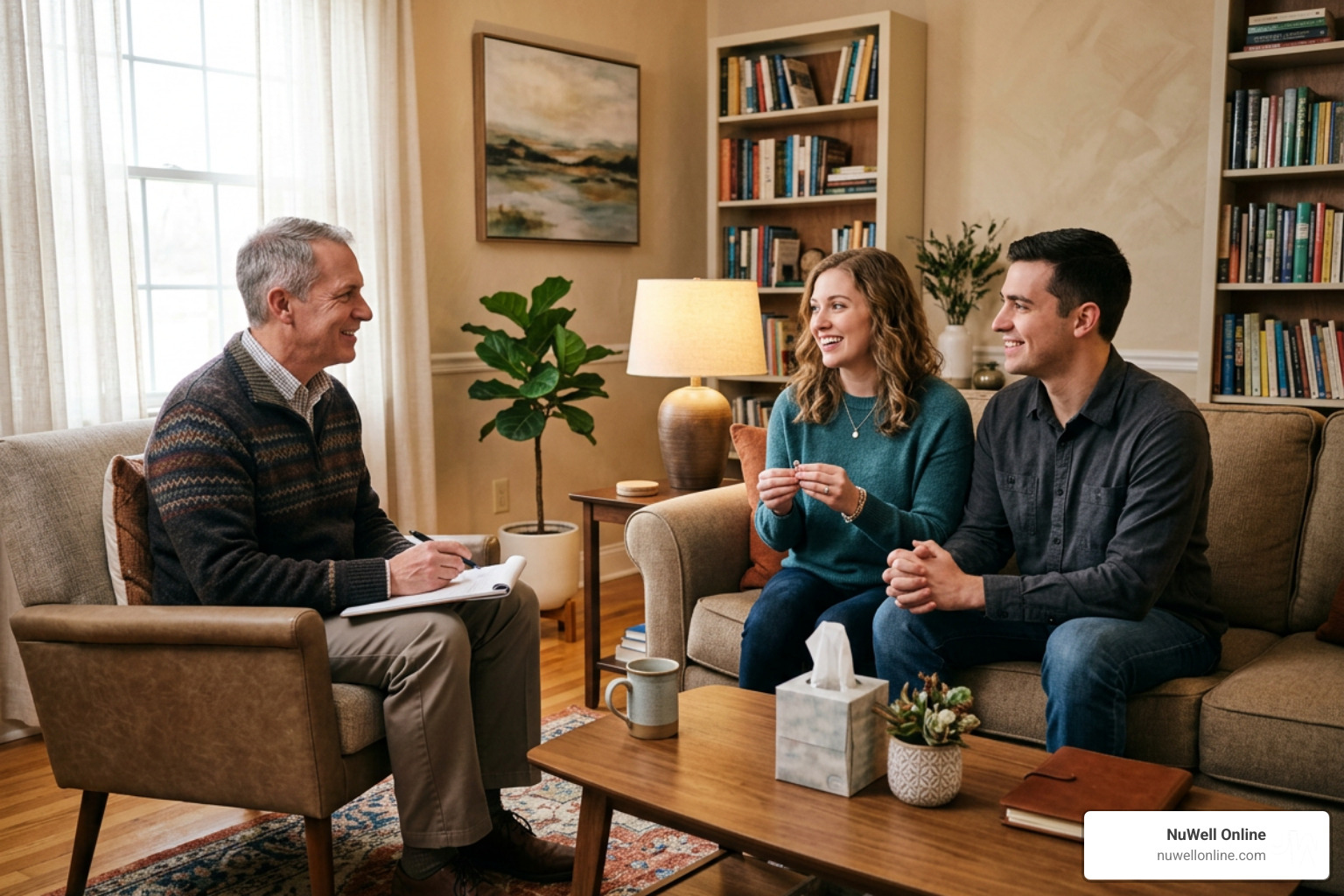 A pastoral counselor meeting with an engaged couple in a warm, comfortable office setting