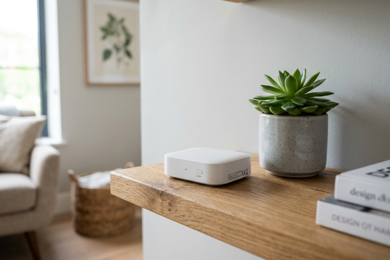 Wireless security hub sitting on an apartment shelf next to a small plant Wireless security hub sitting on an apartment shelf next to a small plant