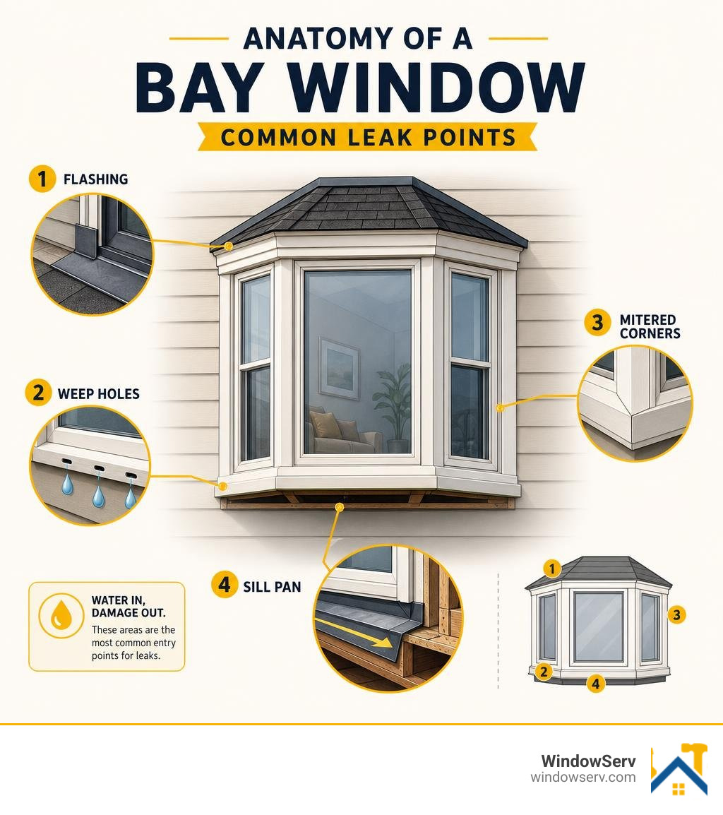 Anatomy of a bay window showing common leak points: flashing, weep holes, mitered corners, sill pan infographic