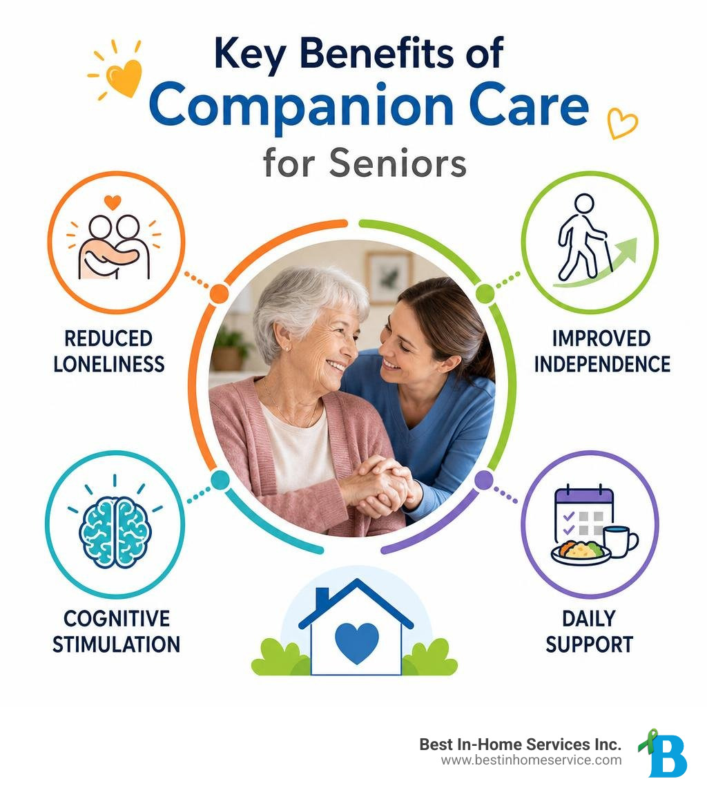 Infographic showing key benefits of companion care for seniors: reduced loneliness, improved independence, cognitive