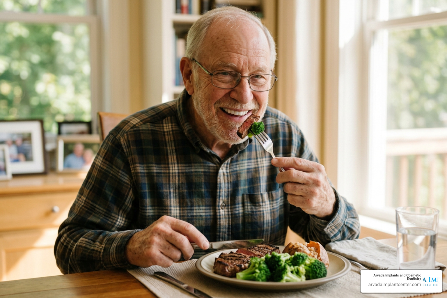 patient enjoying a healthy meal of steak and broccoli with implant dentures