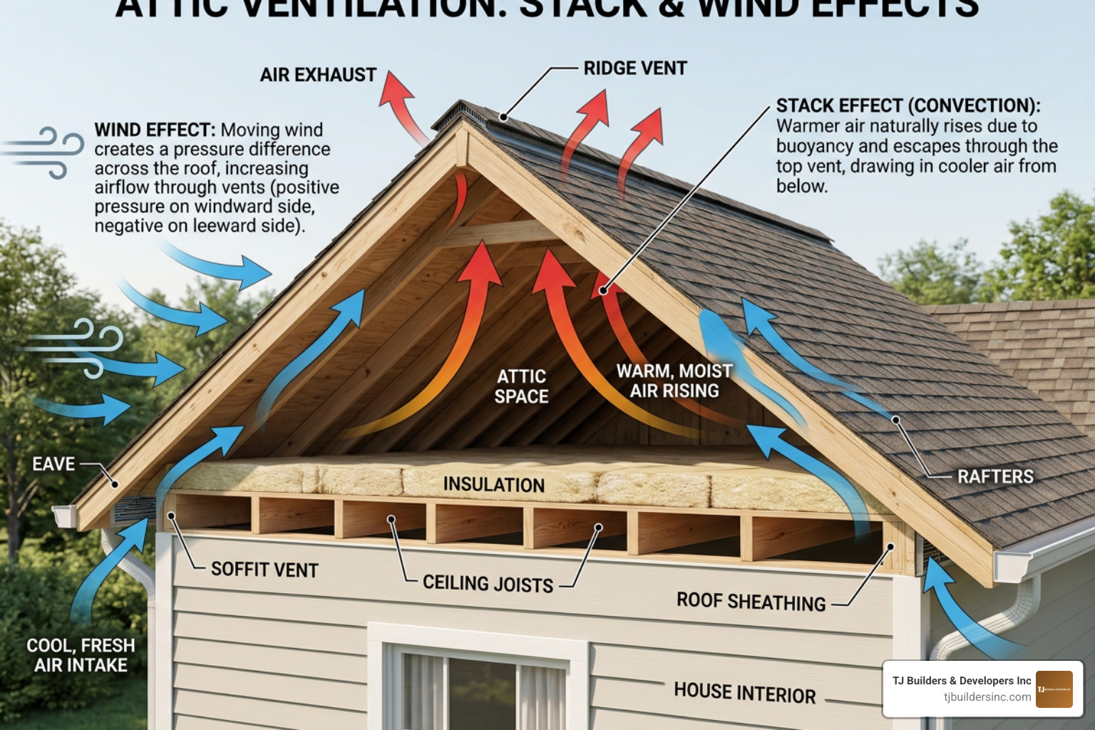 Diagram showing how the stack effect and wind effect drive continuous airflow through an attic space