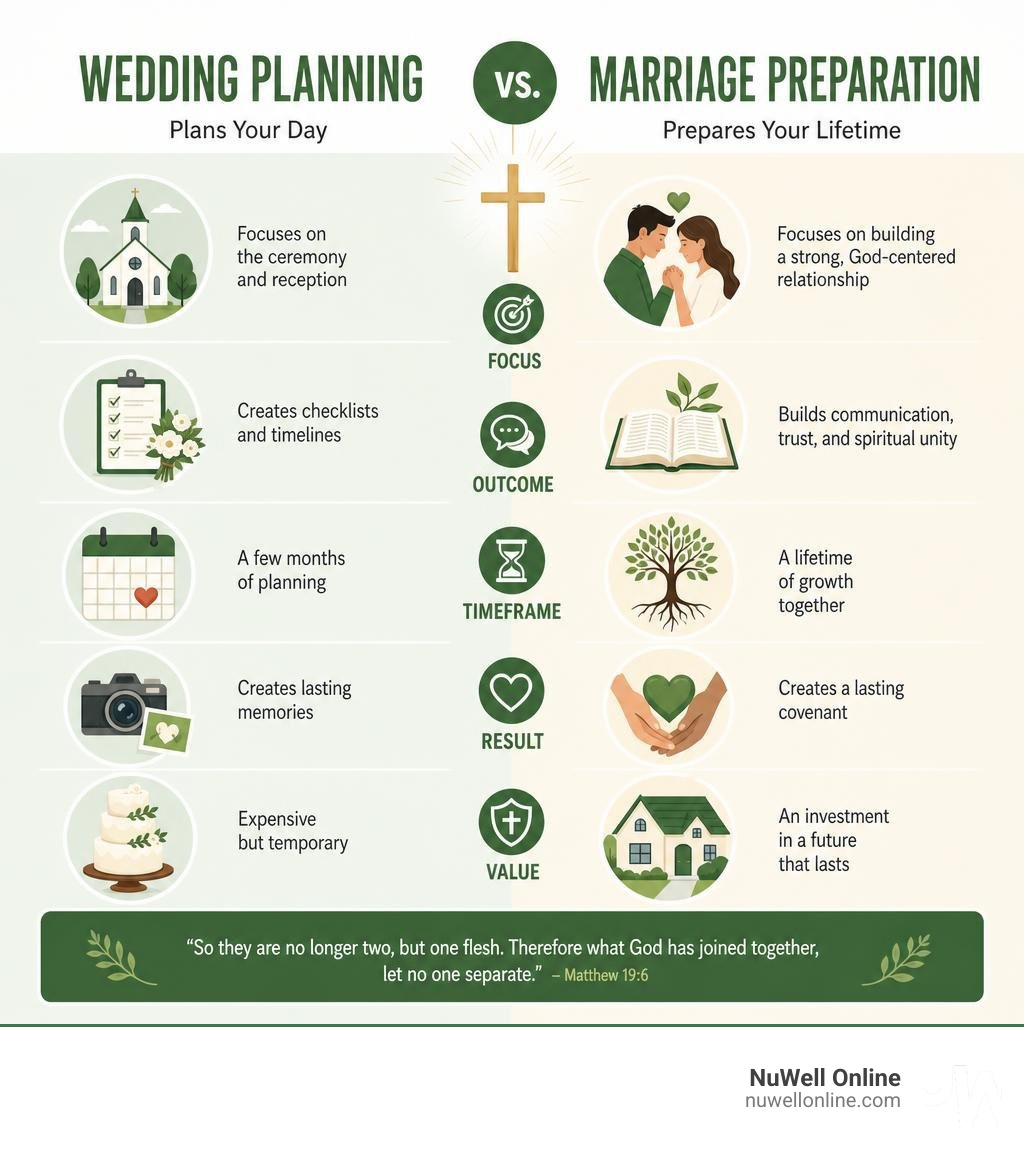 Infographic comparing wedding planning vs. marriage preparation in Christian pre wedding counseling infographic