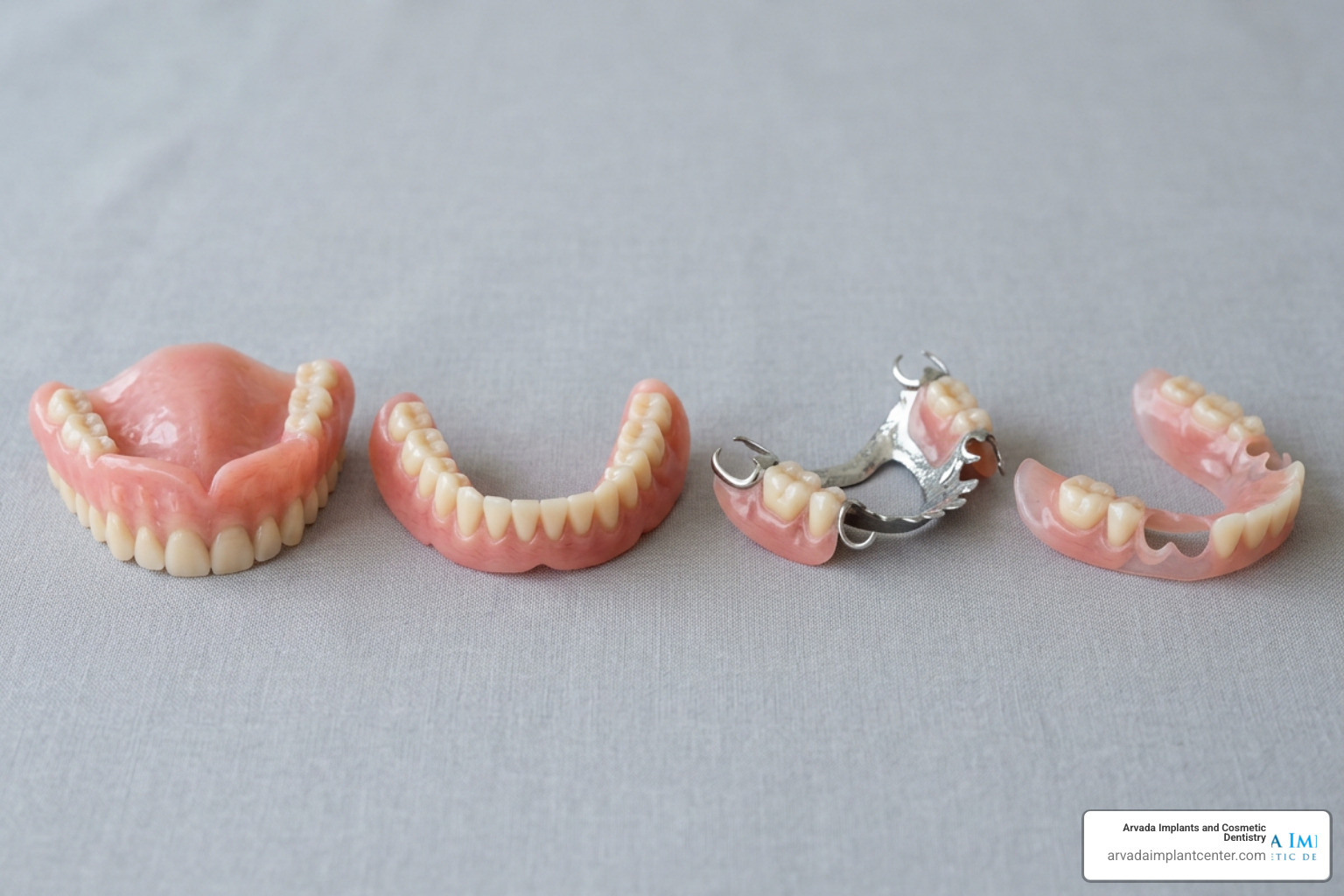 Different denture types including full, partial, and flexible options