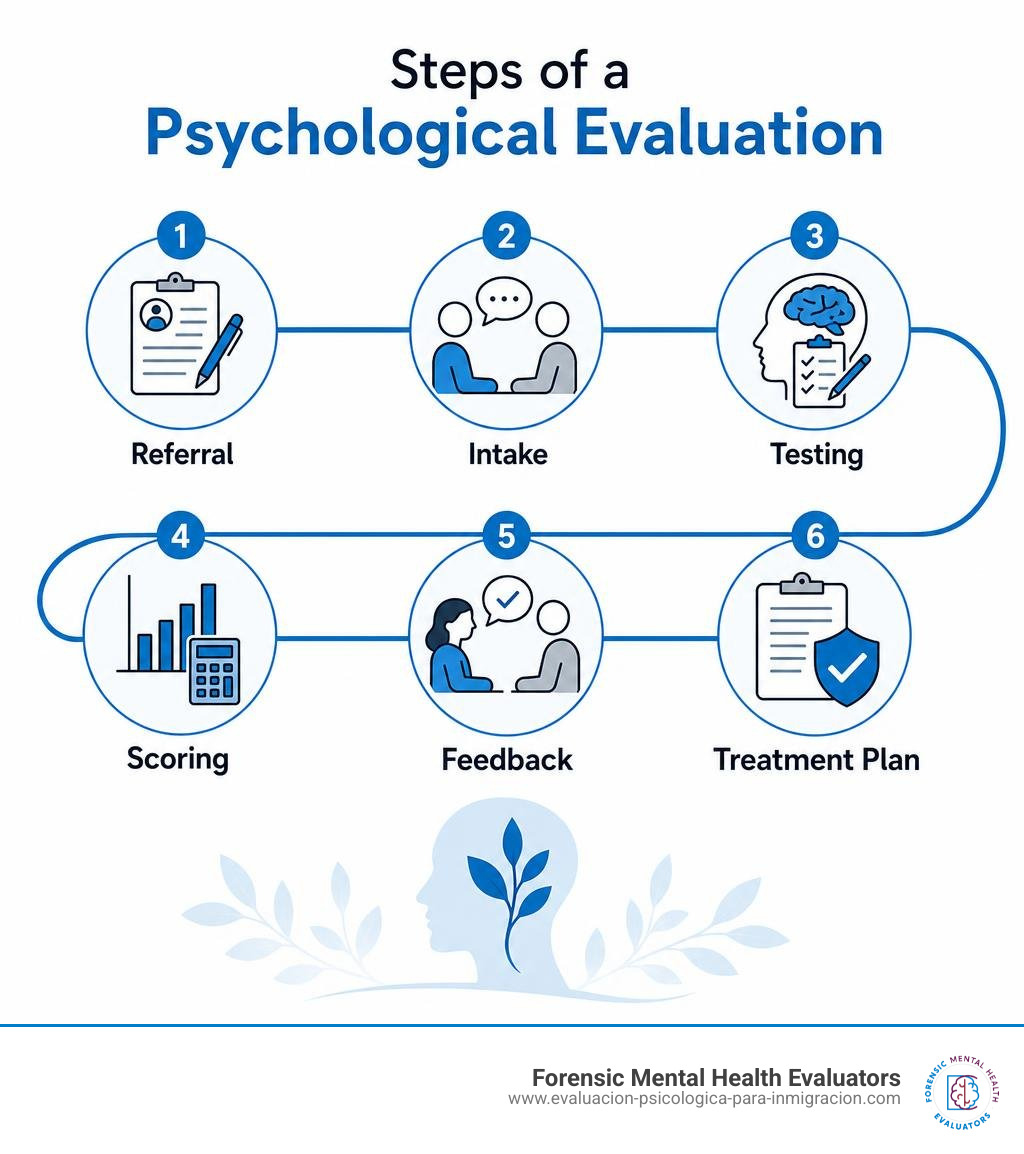 Steps of a psychological evaluation: referral, intake, testing, scoring, feedback, treatment plan infographic Steps of a psychological evaluation: referral, intake, testing, scoring, feedback, treatment plan infographic