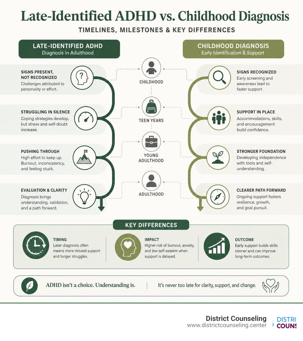 Timeline infographic comparing late-identified ADHD vs childhood diagnosis milestones and key differences infographic