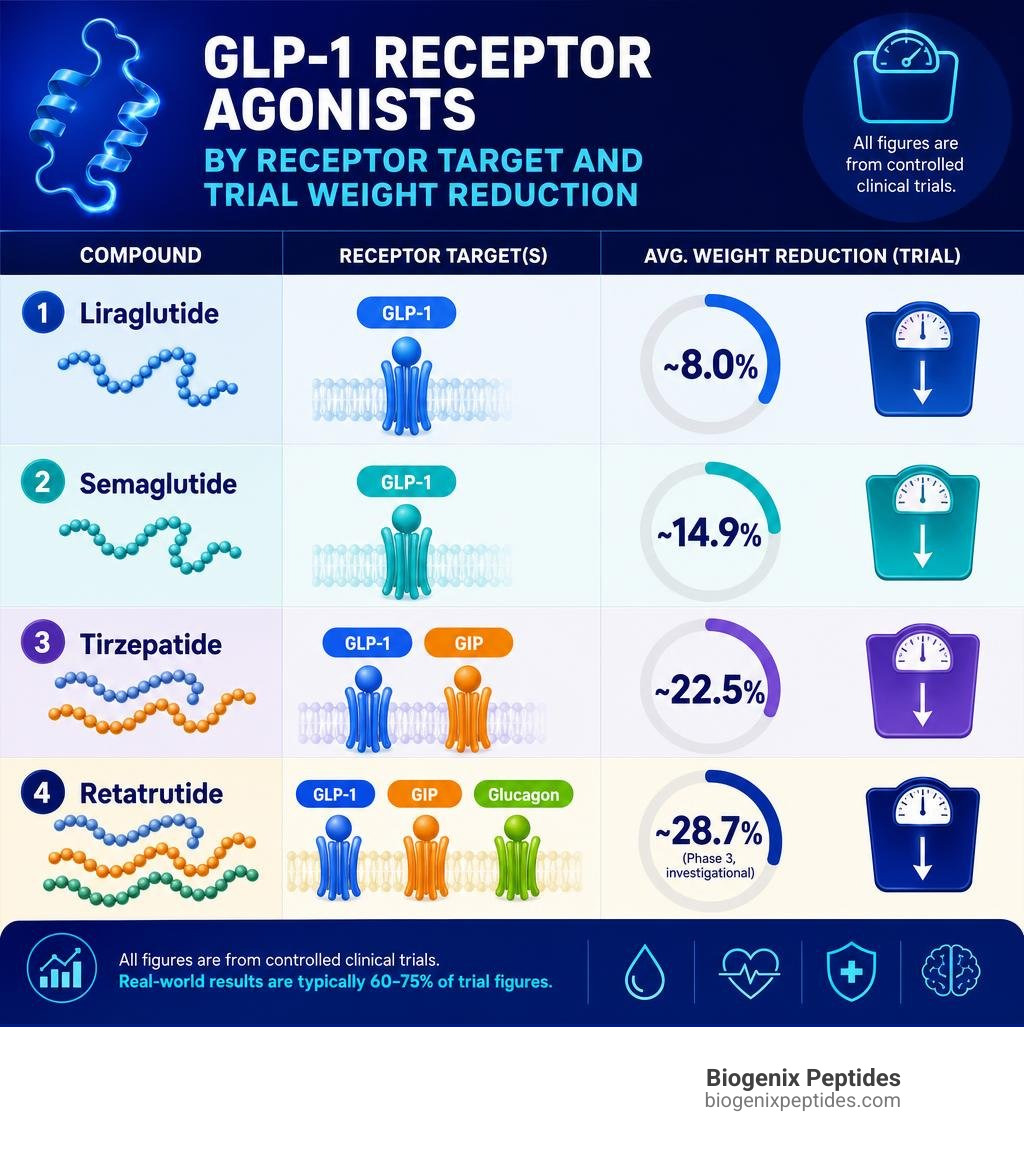 Infographic comparing GLP-1 receptor agonists by receptor target and trial weight reduction percentage infographic Infographic comparing GLP-1 receptor agonists by receptor target and trial weight reduction percentage infographic