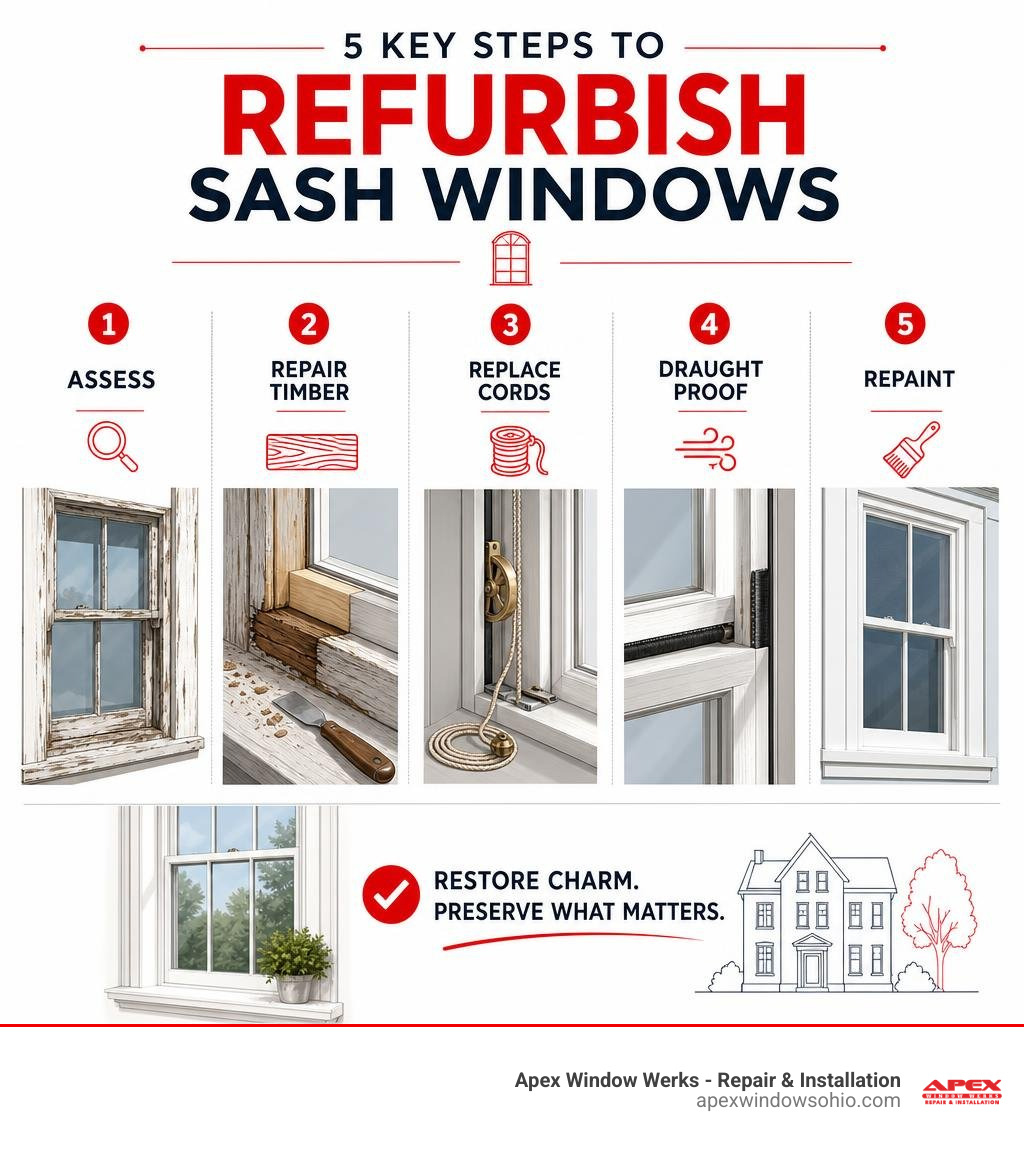 Infographic: 5 key steps to refurbish sash windows — assess, repair timber, replace cords, draught proof, repaint infographic