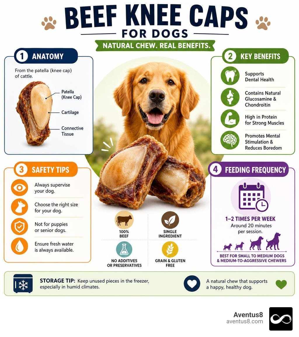 Infographic showing beef knee cap anatomy, key benefits, safety tips, and feeding frequency for dogs infographic