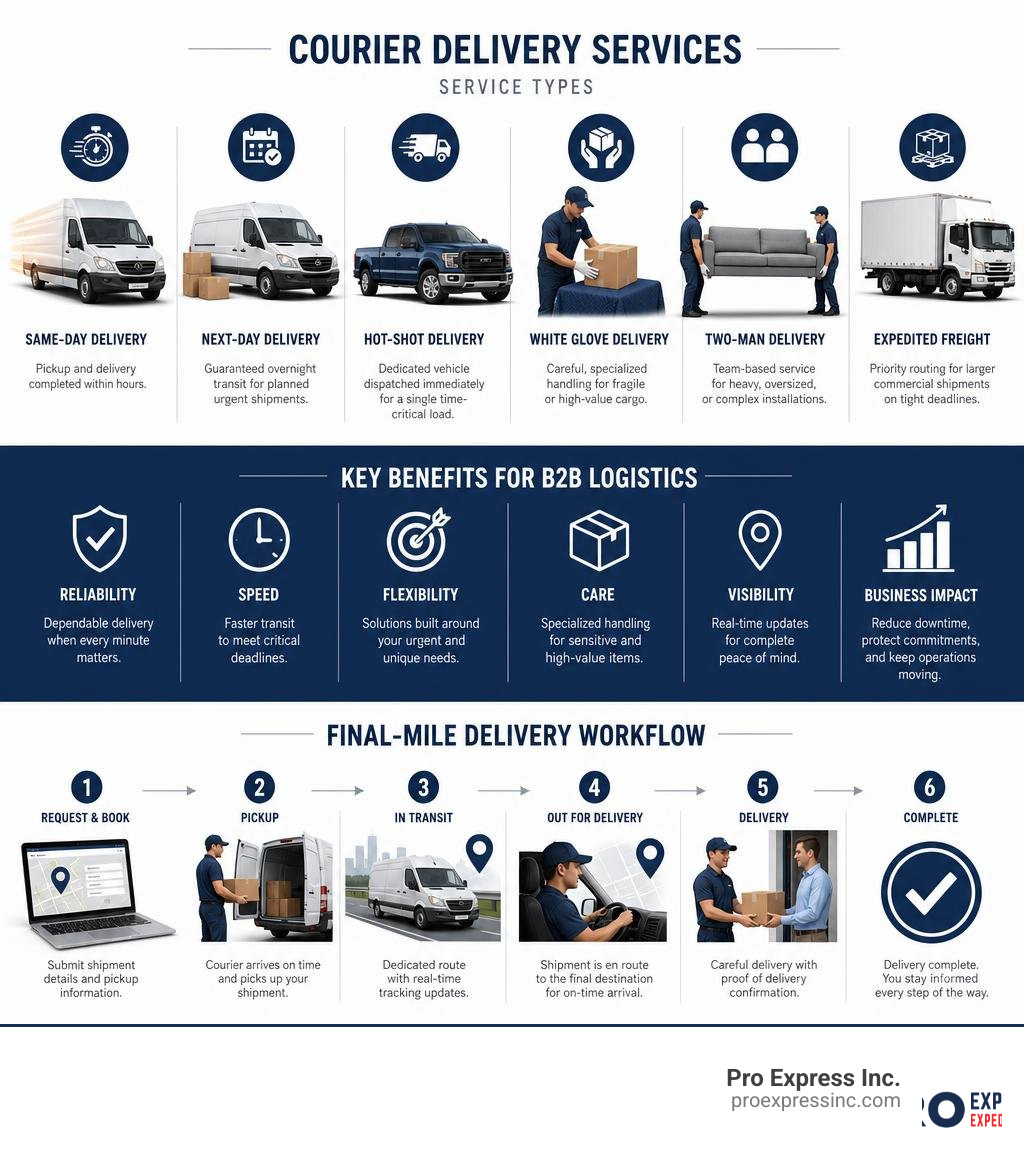 Infographic showing courier delivery service types, key benefits, and final-mile delivery workflow for B2B logistics Infographic showing courier delivery service types, key benefits, and final-mile delivery workflow for B2B logistics